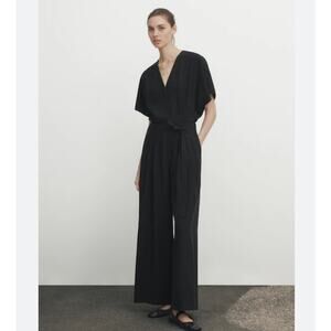 Massimo Dutti Black Flowing Jumpsuit Waist Tie Back Pockets XS NWT Dark Academia